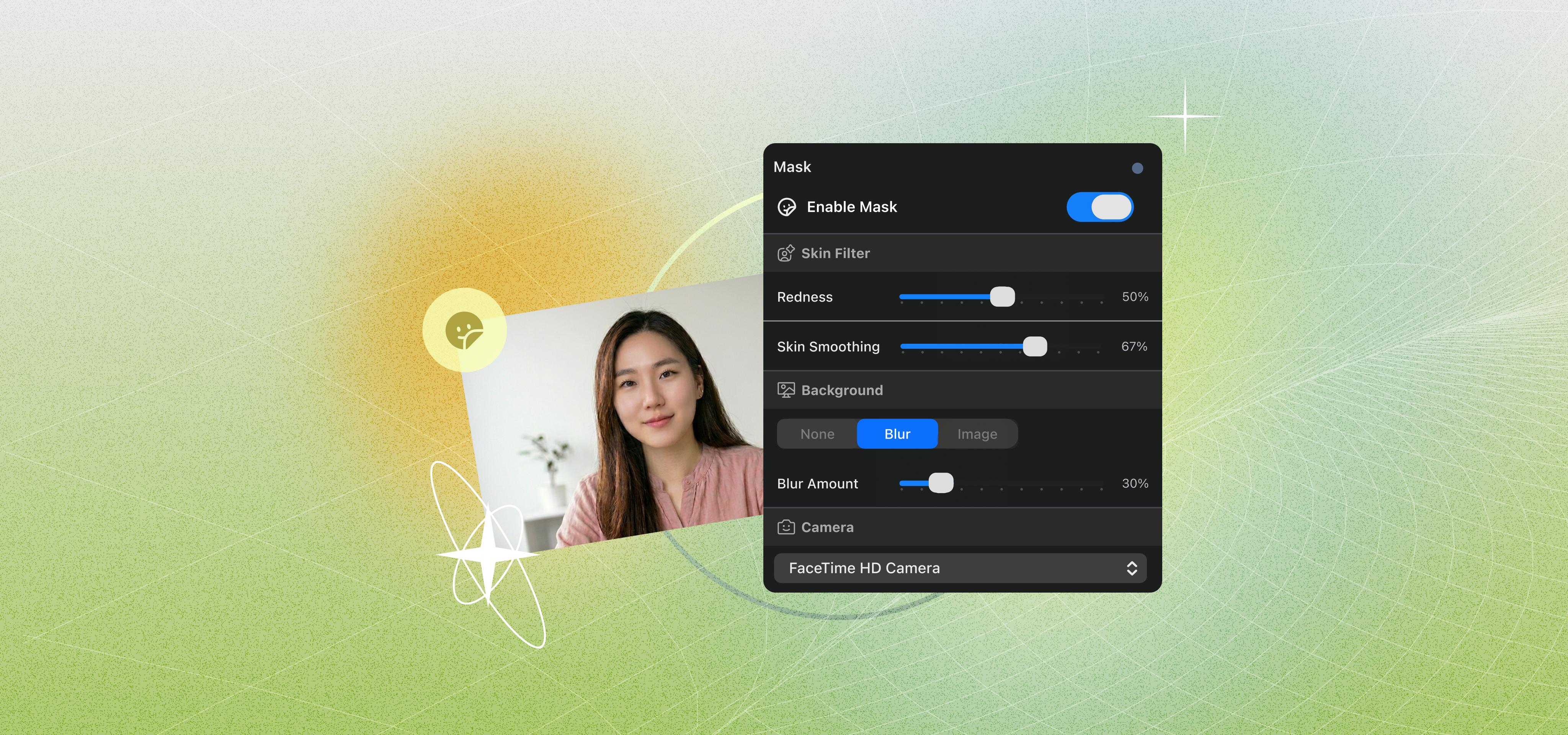 On-device skin correction and background replacement for video calls, in real time.